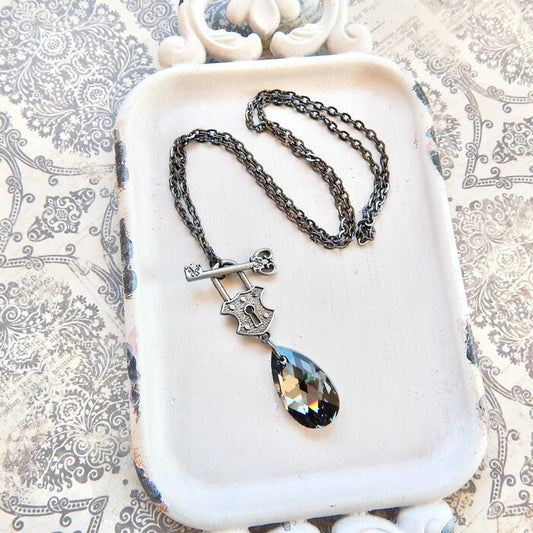 Black crystal necklace with lock and key toggle