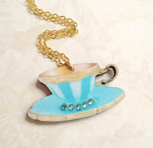 Alice in wonderland stripe wood teacup necklace