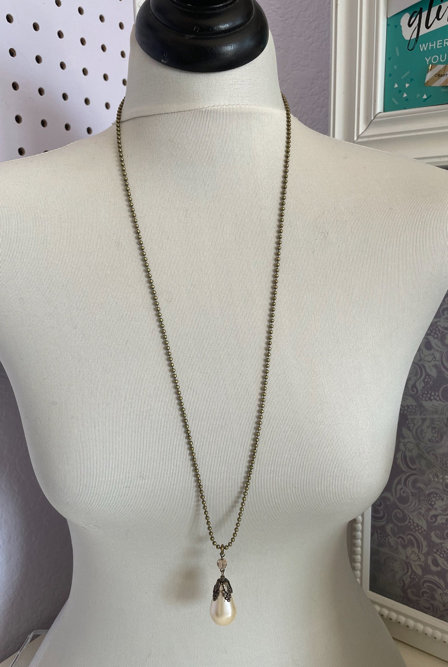 Arlena Pearl - Large teardrop pearl necklace on antique gold necklace