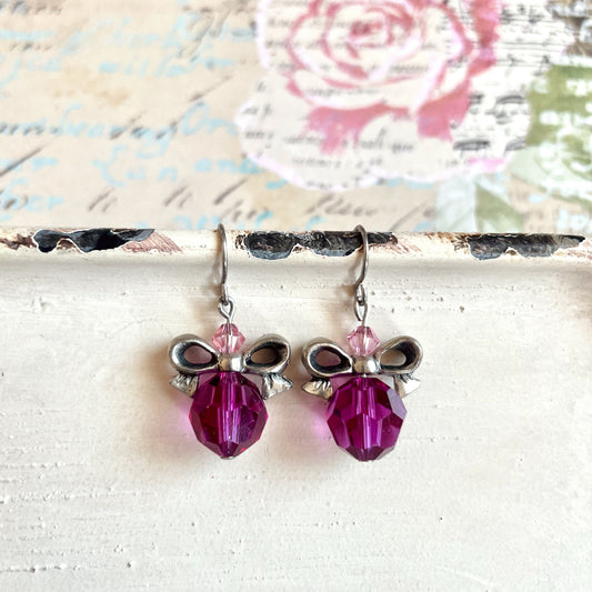 Hot pink crystal bow earrings - fuchsia Swarovski - pink crystal earrings
