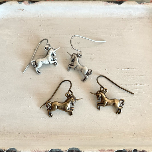 Dainty unicorn charm earrings in antique silver or antique gold