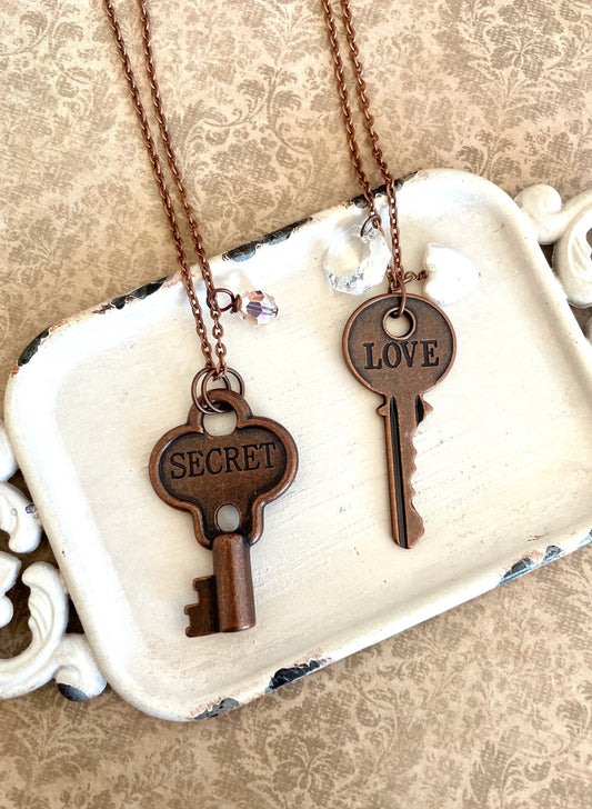 Antique copper key necklaces - secret or love key