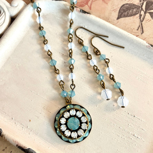 Vintage Swarovski crystal necklace, earrings,  or set in white and mint green opal