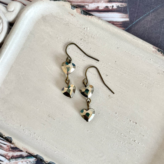 Bronze metallic crystal double heart earrings