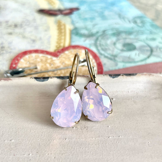 Pink opal crystal pear earrings on brass